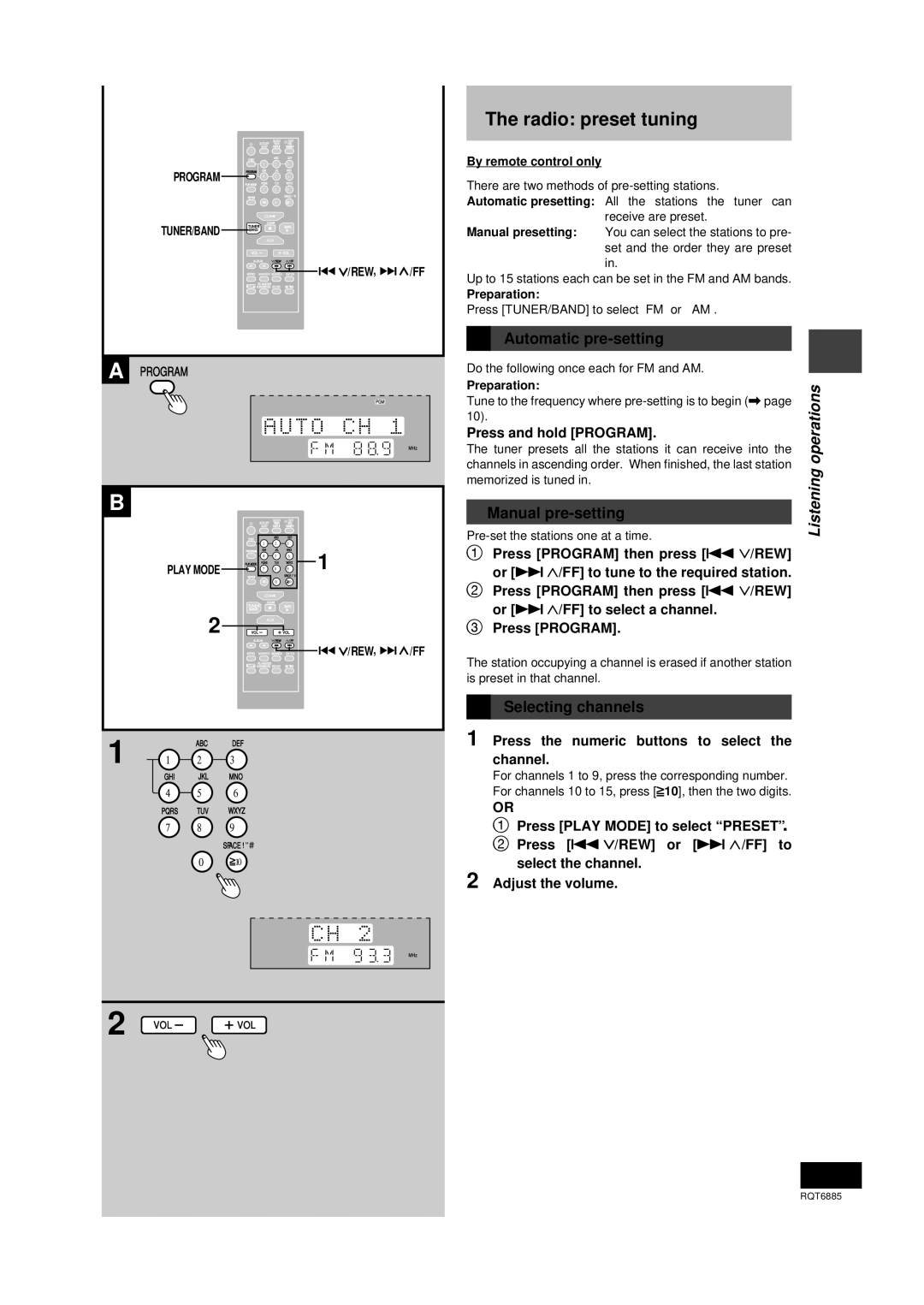 Panasonic SC-PM28 Radio preset tuning, Automatic pre-setting, Manual pre-setting, Selecting channels, Listening operations 