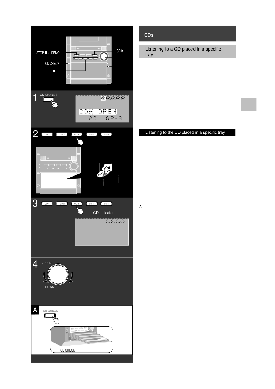 Panasonic SC-PM28 Listening to a CD placed in a specific Tray, Press CD 1 CD 5 to open the tray and insert the CD, Stop 