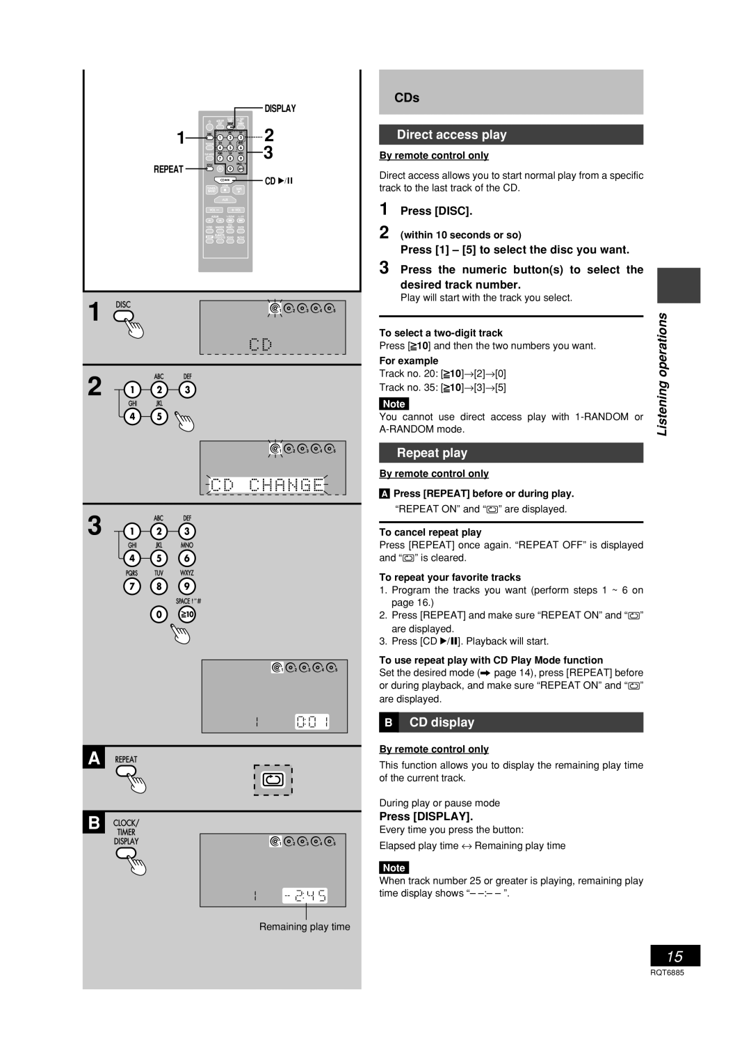 Panasonic SC-PM28 operating instructions Direct access play, Repeat play, CD display, Press Disc, Press Display 