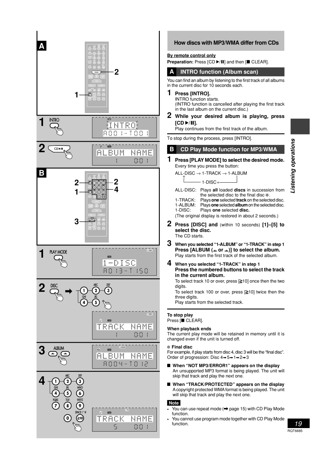 Panasonic SC-PM28 operating instructions Intro function Album scan, CD Play Mode function for MP3/WMA 