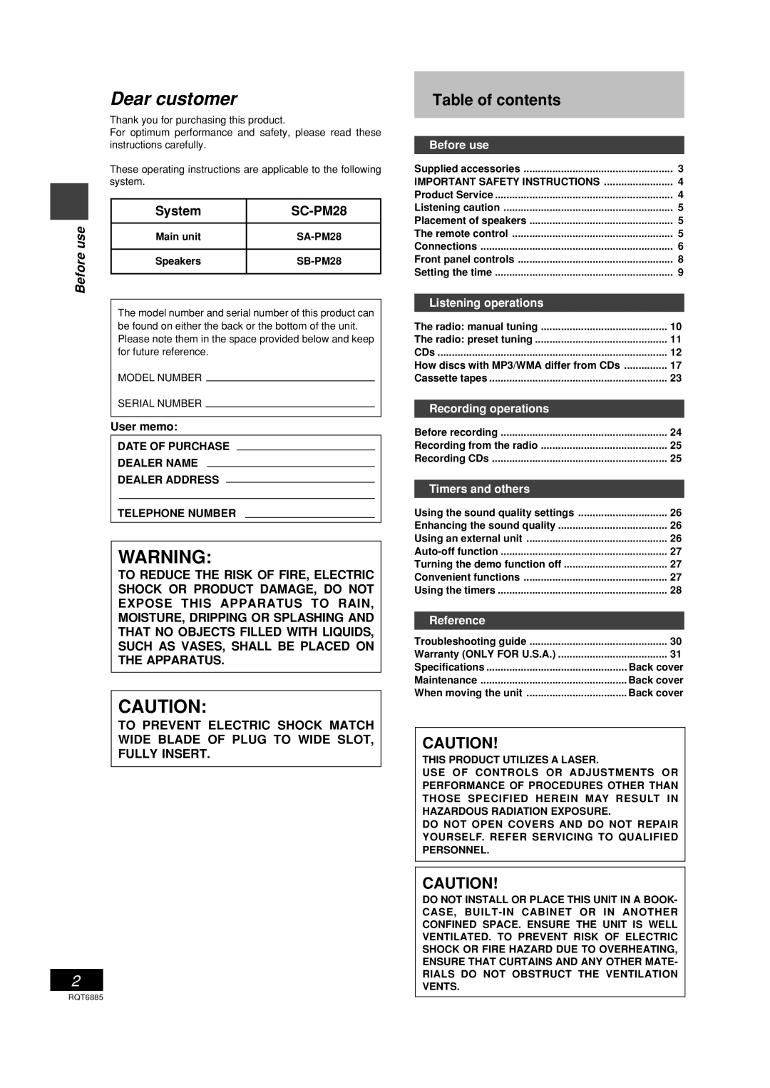 Panasonic SC-PM28 operating instructions Dear customer, Table of contents 