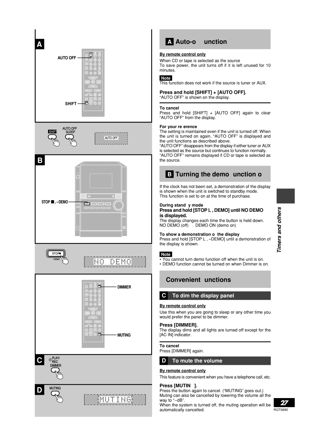 Panasonic SC-PM28 Auto-off function, Turning the demo function off, Convenient functions, To dim the display panel 