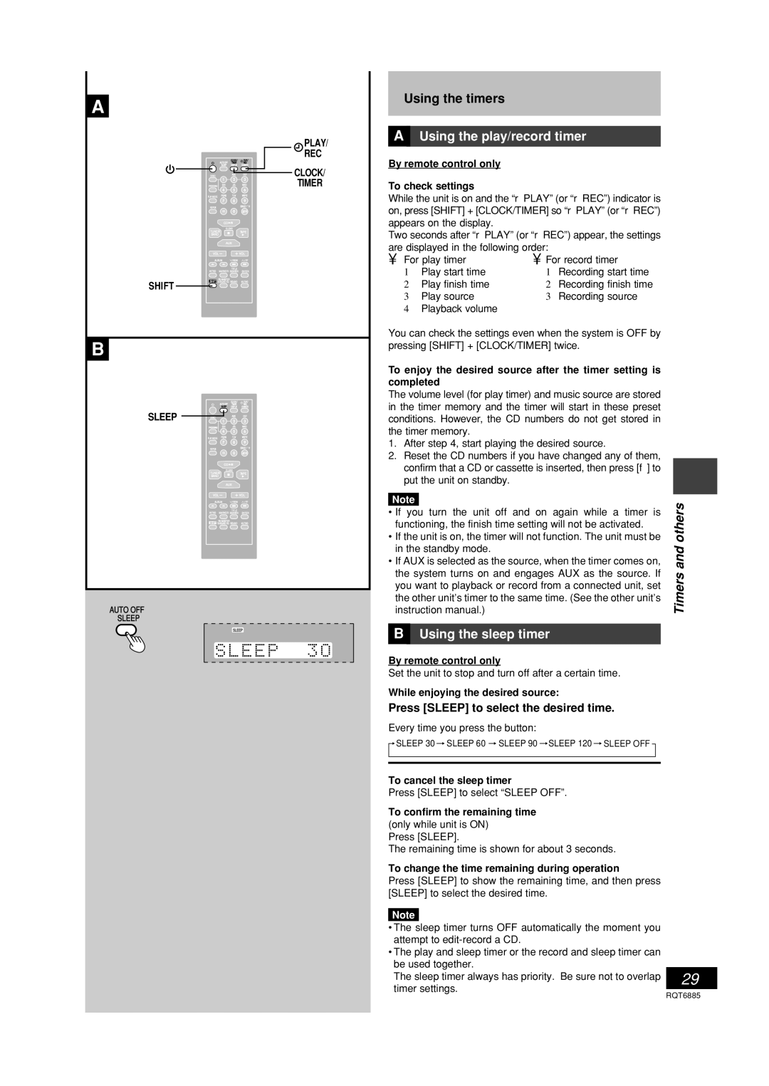 Panasonic SC-PM28 Using the sleep timer, Press Sleep to select the desired time, Shift, Play REC Clock Timer 