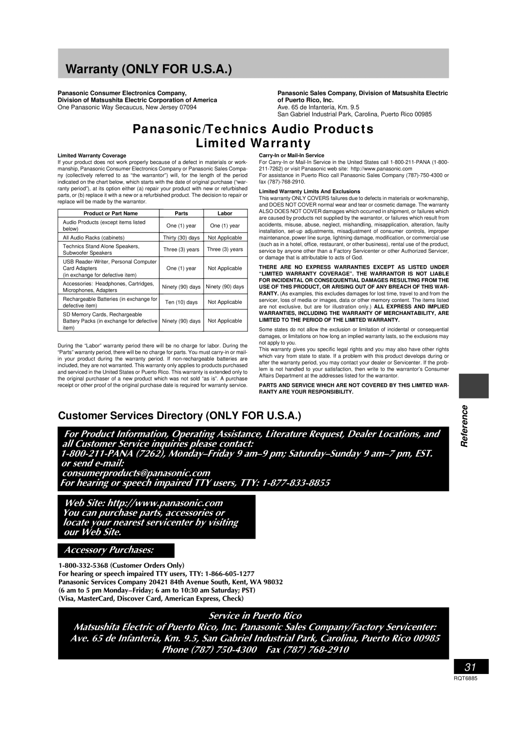 Panasonic SC-PM28 operating instructions Customer Services Directory only for U.S.A, Reference 