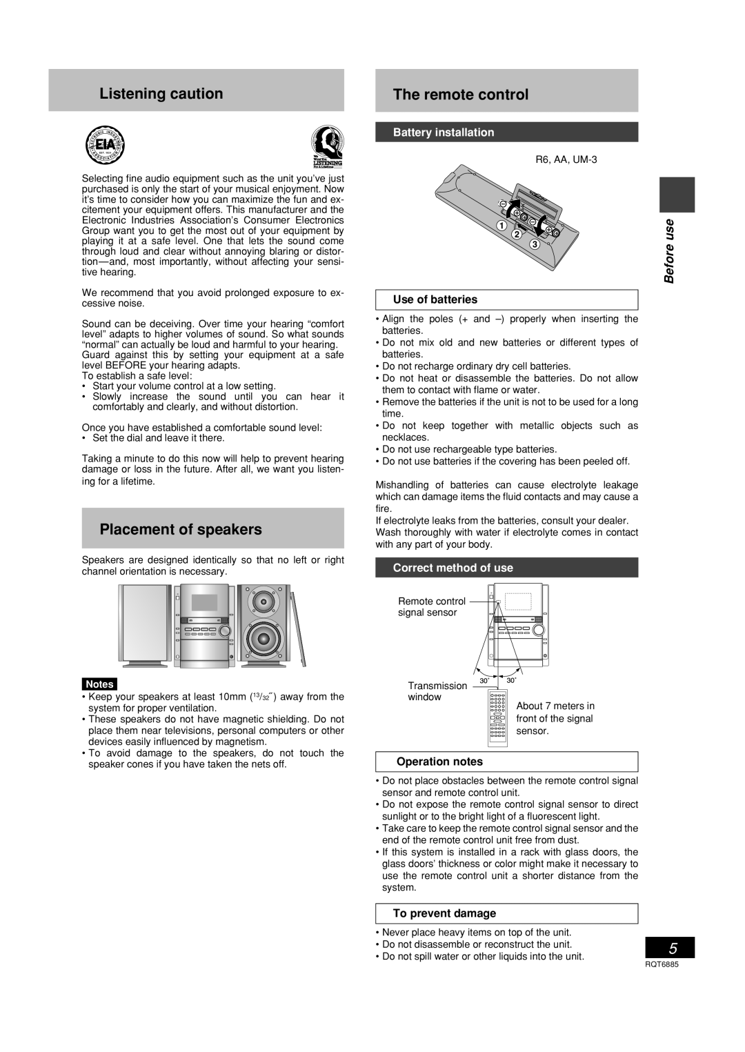 Panasonic SC-PM28 operating instructions Listening caution, Placement of speakers, Remote control 