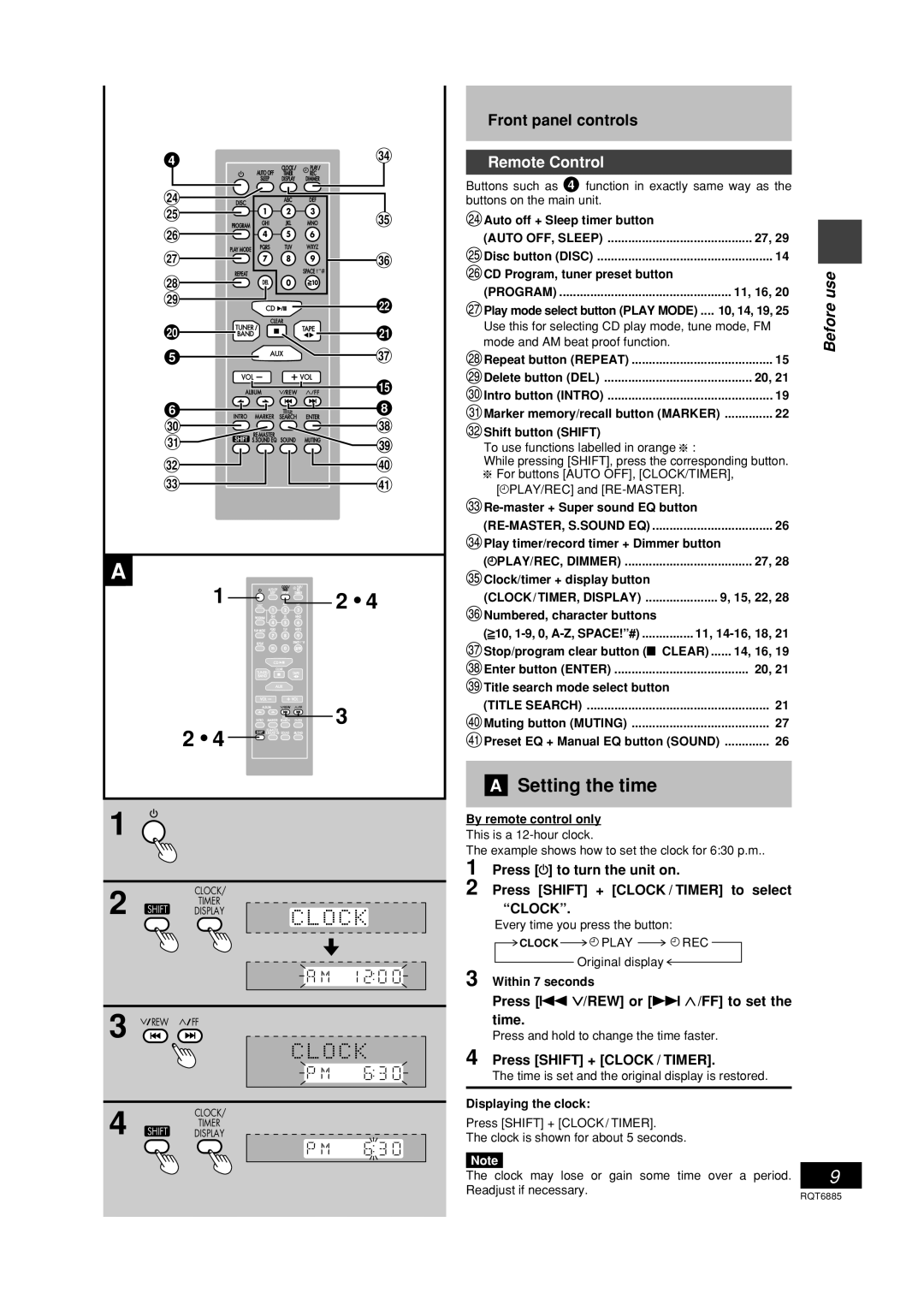 Panasonic SC-PM28 Setting the time, Remote Control, Press g 4/REW or f 3/FF to set the time, Press Shift + Clock / Timer 