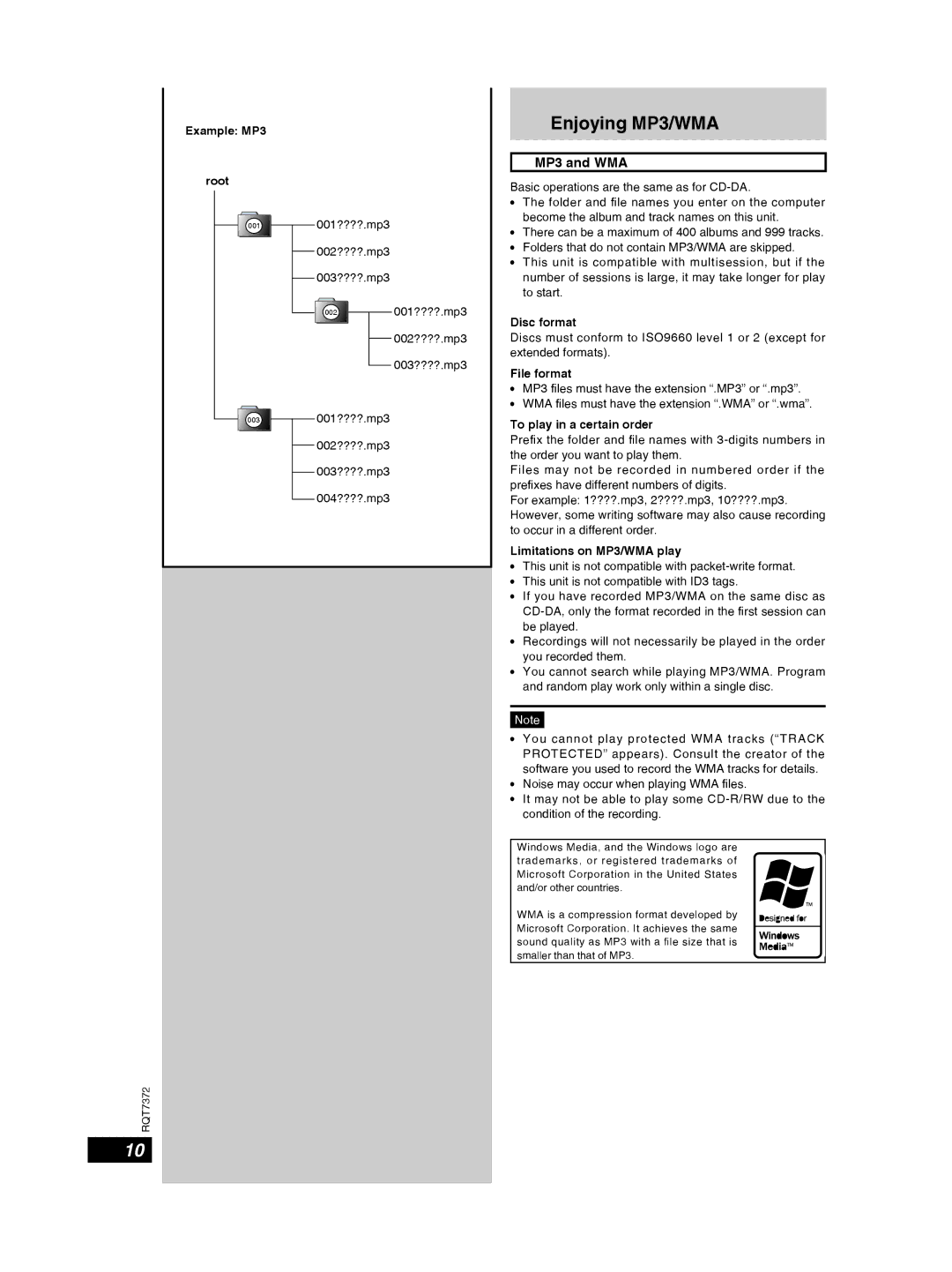 Panasonic SC-PM29 important safety instructions Enjoying MP3/WMA, MP3 and WMA 