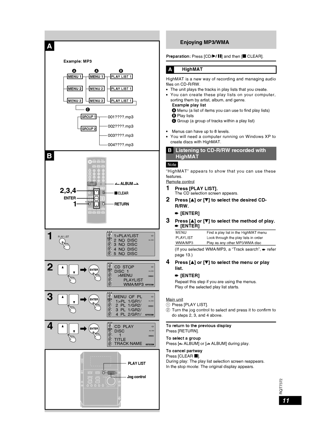 Panasonic SC-PM29 important safety instructions HighMAT, Press Play List, Enter 