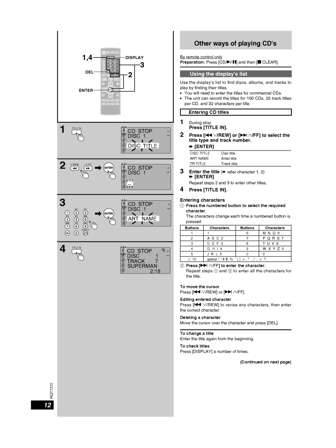 Panasonic SC-PM29 Other ways of playing CDs, Using the displays list, Entering CD titles, Press Title, Entering characters 