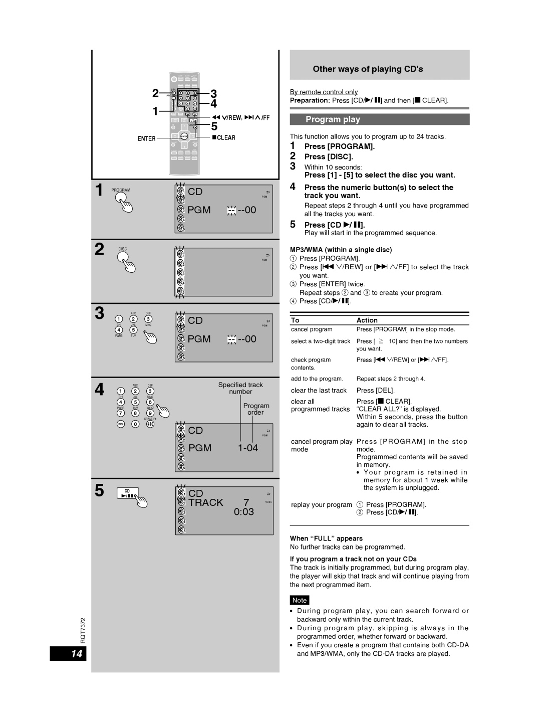 Panasonic SC-PM29 important safety instructions Program play, Press Program Press Disc, Press CD q/ h 