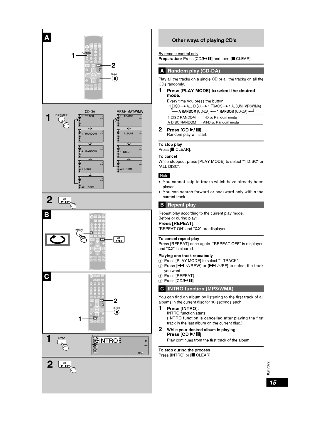 Panasonic SC-PM29 important safety instructions Random play CD-DA, Repeat play, Intro function MP3/WMA 