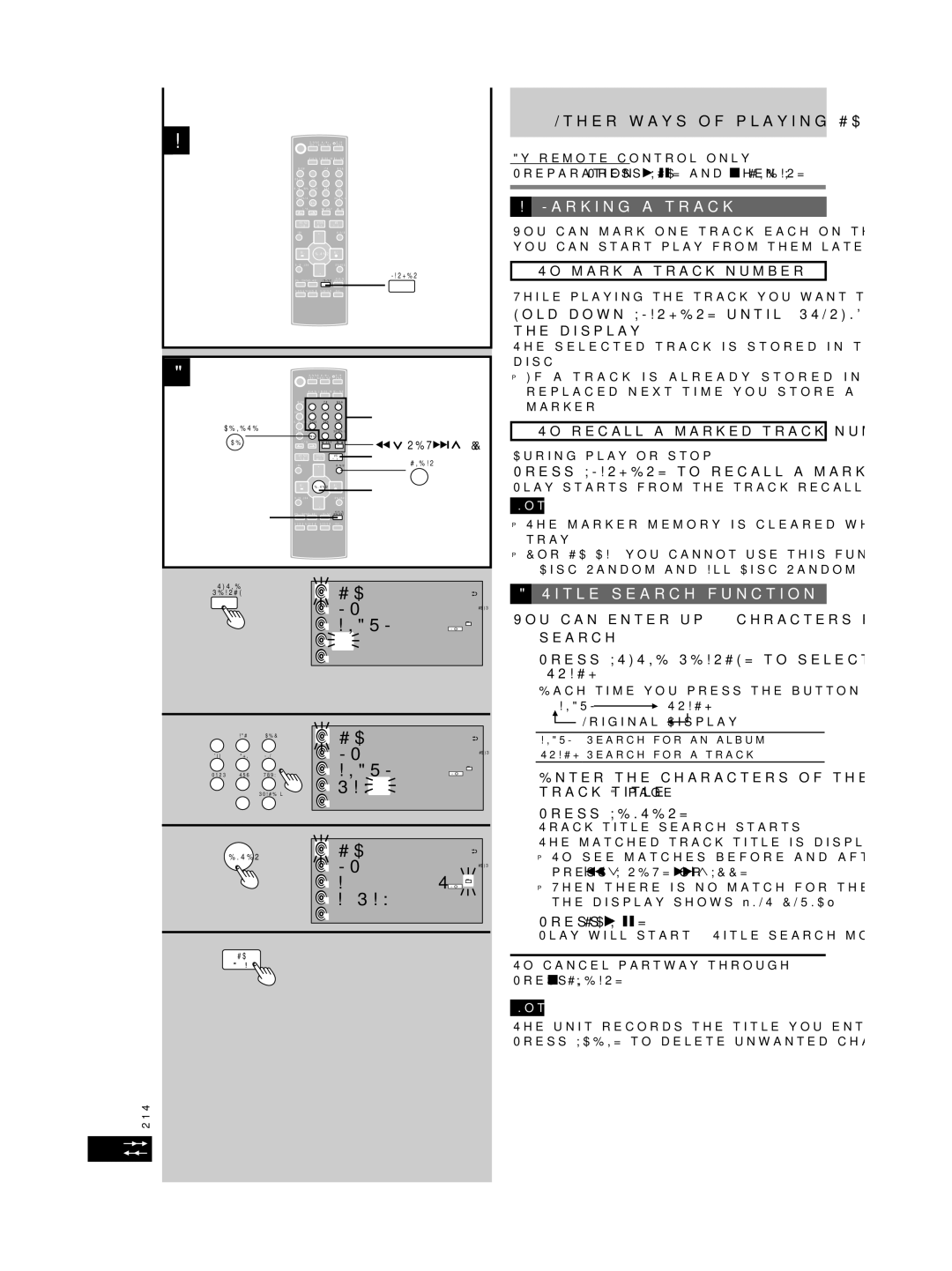 Panasonic SC-PM29 Marking a track, Title search function MP3/WMA, To mark a track number, Press Marker to recall a marker 