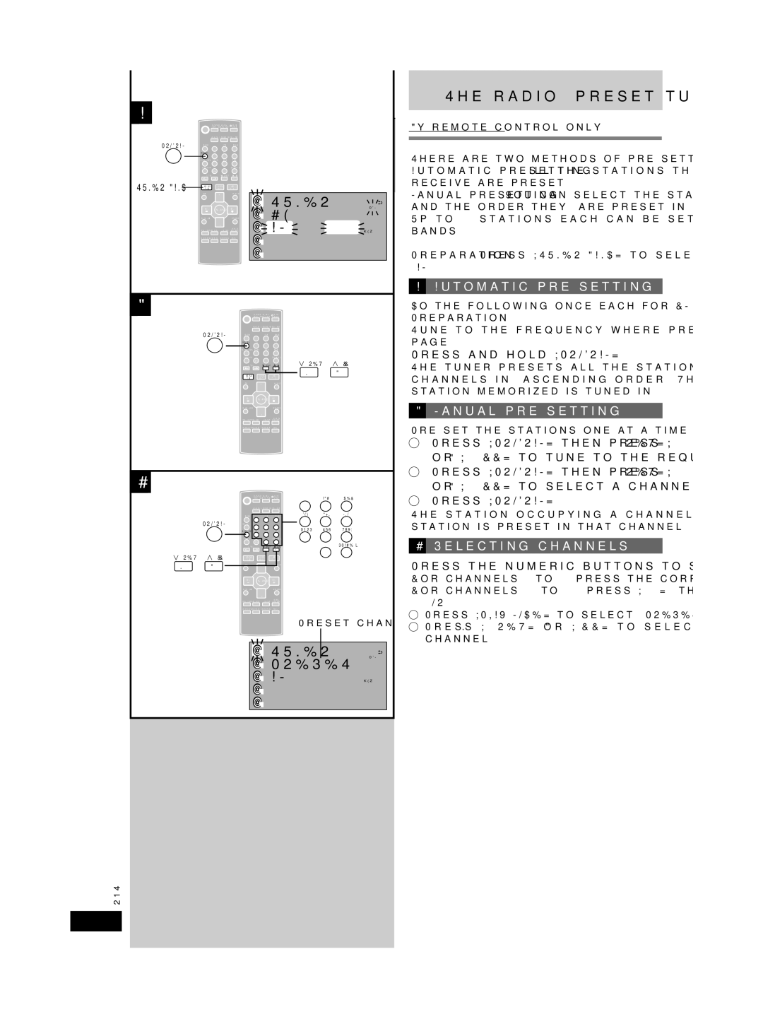 Panasonic SC-PM29 Radio preset tuning, Automatic pre-setting, Manual pre-setting, Selecting channels 