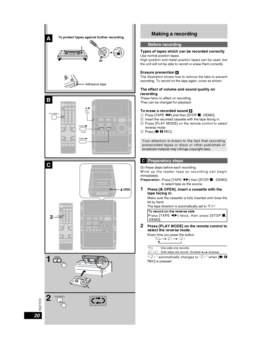 Panasonic SC-PM29 important safety instructions Making a recording, Before recording, Preparatory steps 