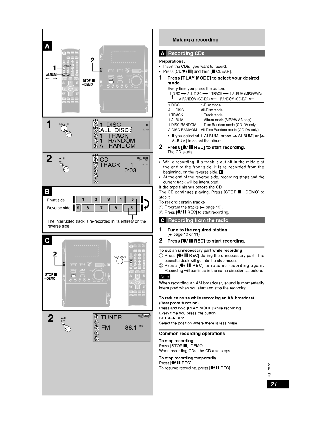 Panasonic SC-PM29 Recording CDs, Recording from the radio, Press */ h REC to start recording, Tune to the required station 