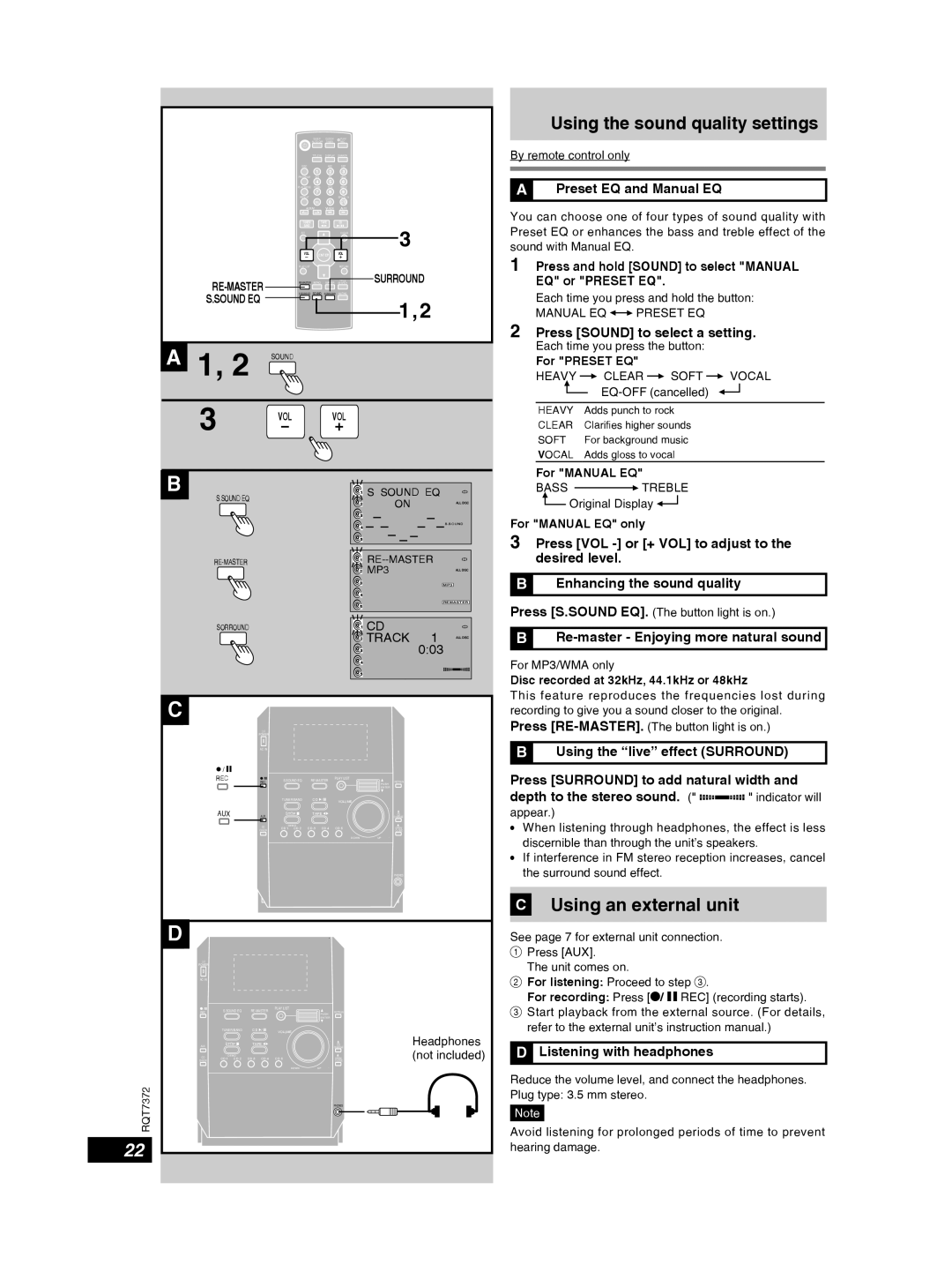 Panasonic SC-PM29 important safety instructions Using the sound quality settings, Using an external unit 