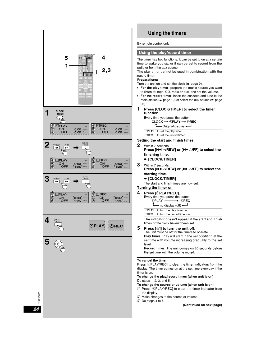 Panasonic SC-PM29 important safety instructions Using the timers, Using the play/record timer 