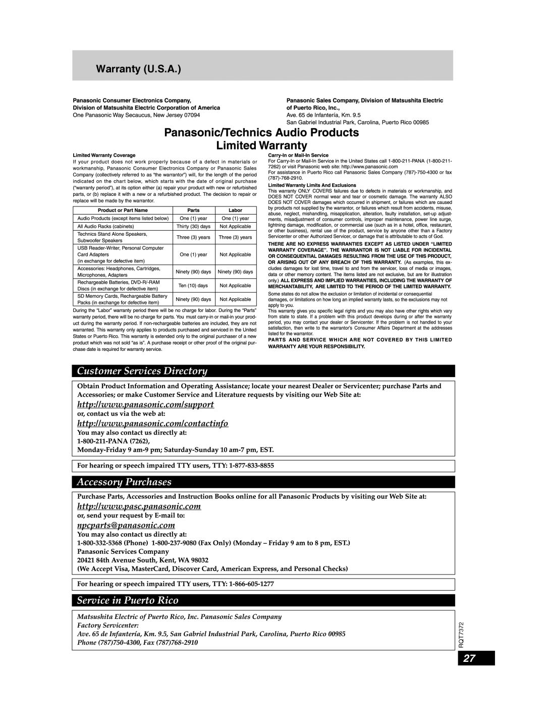 Panasonic SC-PM29 important safety instructions Warranty U.S.A 