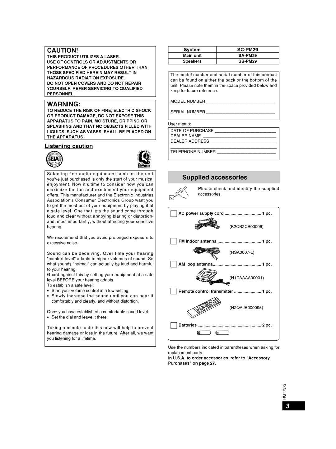 Panasonic SC-PM29 important safety instructions Supplied accessories, System 