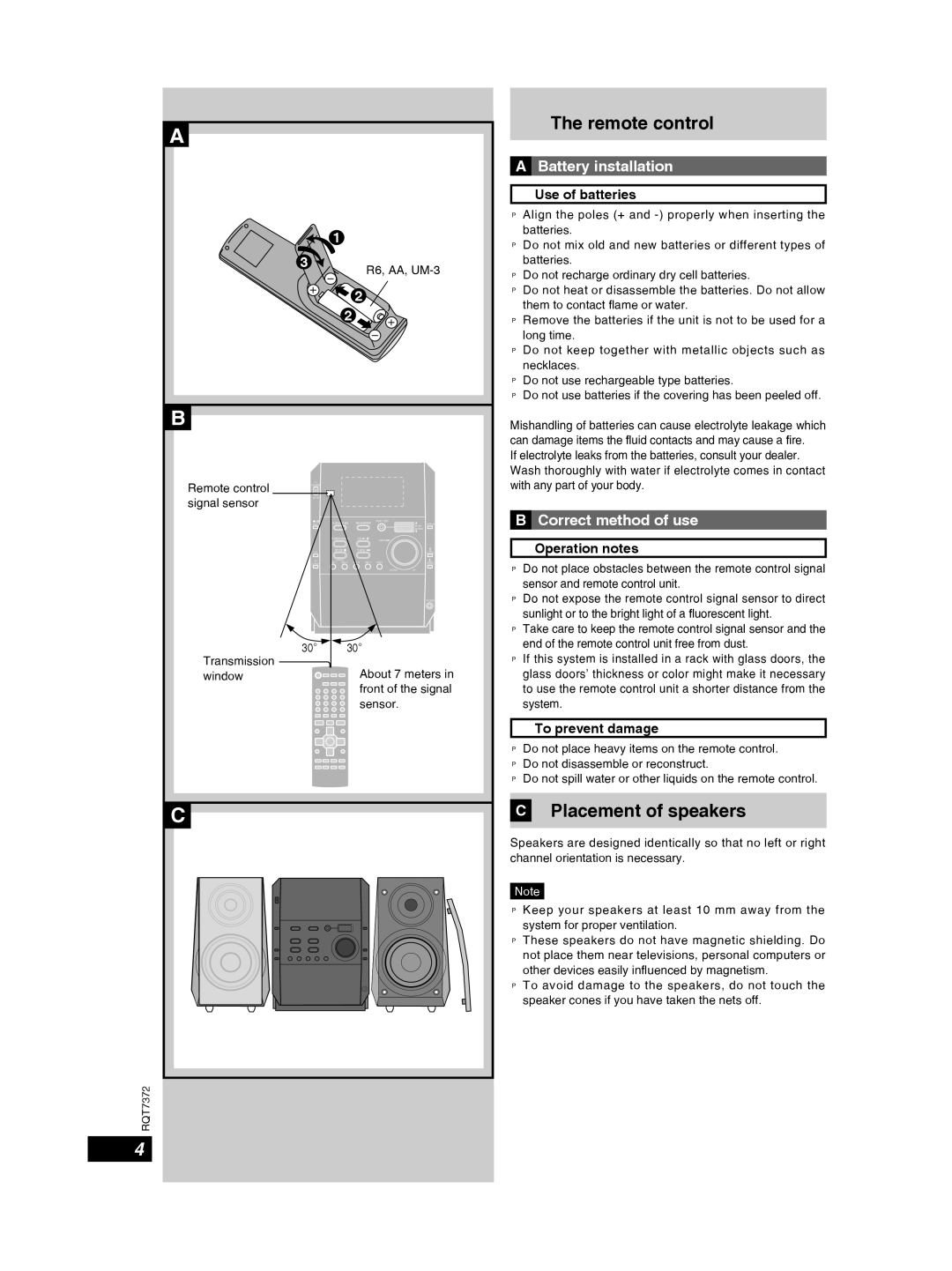 Panasonic SC-PM29 Remote control, Placement of speakers, Battery installation, Correct method of use 