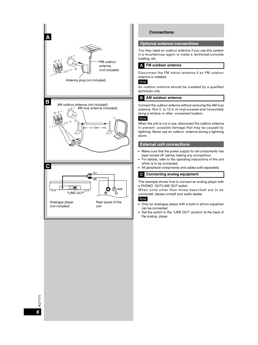 Panasonic SC-PM29 Optional antenna connections, External unit connections, FM outdoor antenna, AM outdoor antenna 