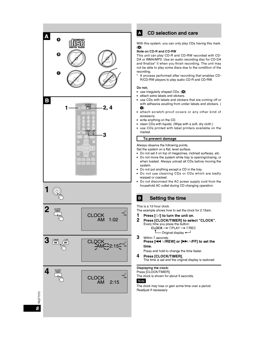 Panasonic SC-PM29 CD selection and care, Setting the time, Press u 2/REW or i 1/FF to set the time, Press CLOCK/TIMER 