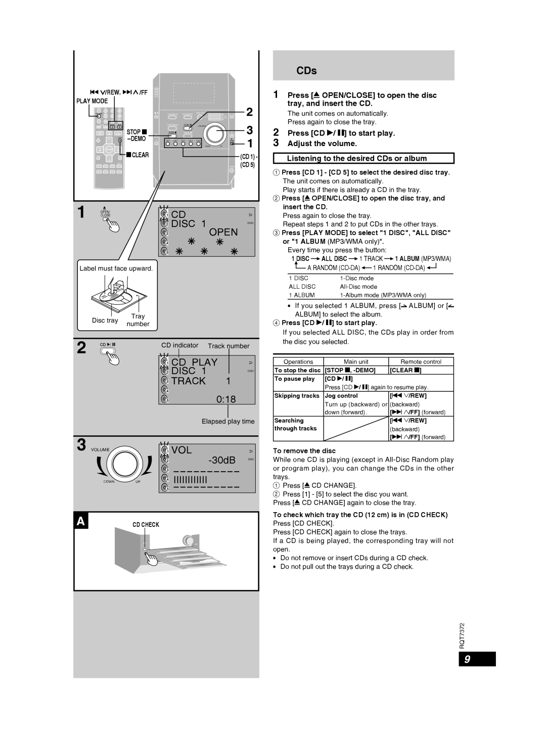 Panasonic SC-PM29 Press CD q/ h to start play, To remove the disc, Do not remove or insert CDs during a CD check 