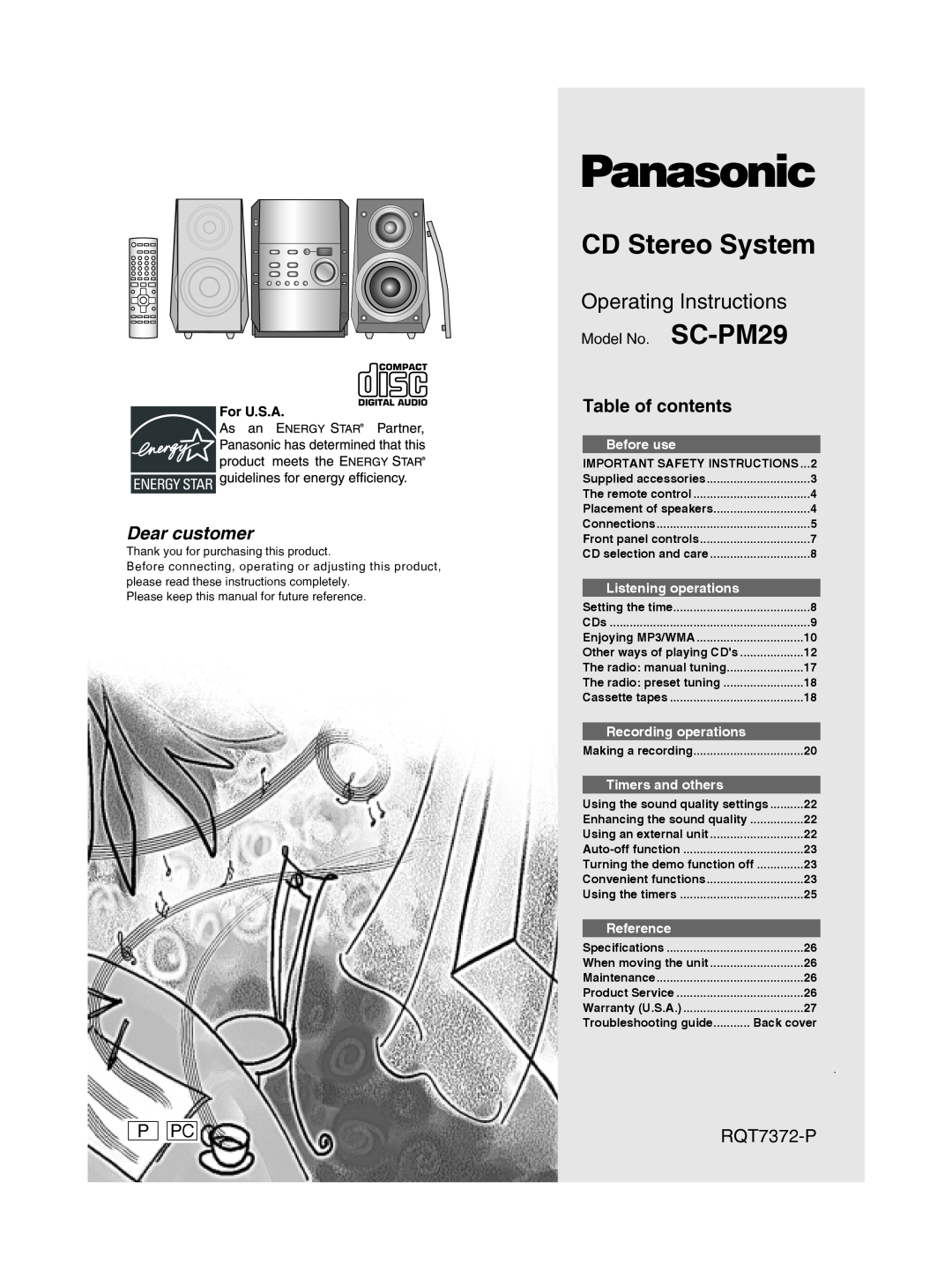 Panasonic important safety instructions P Pc, Table of contents, RQT7372-P, Model No. SC-PM29, CD Stereo System 