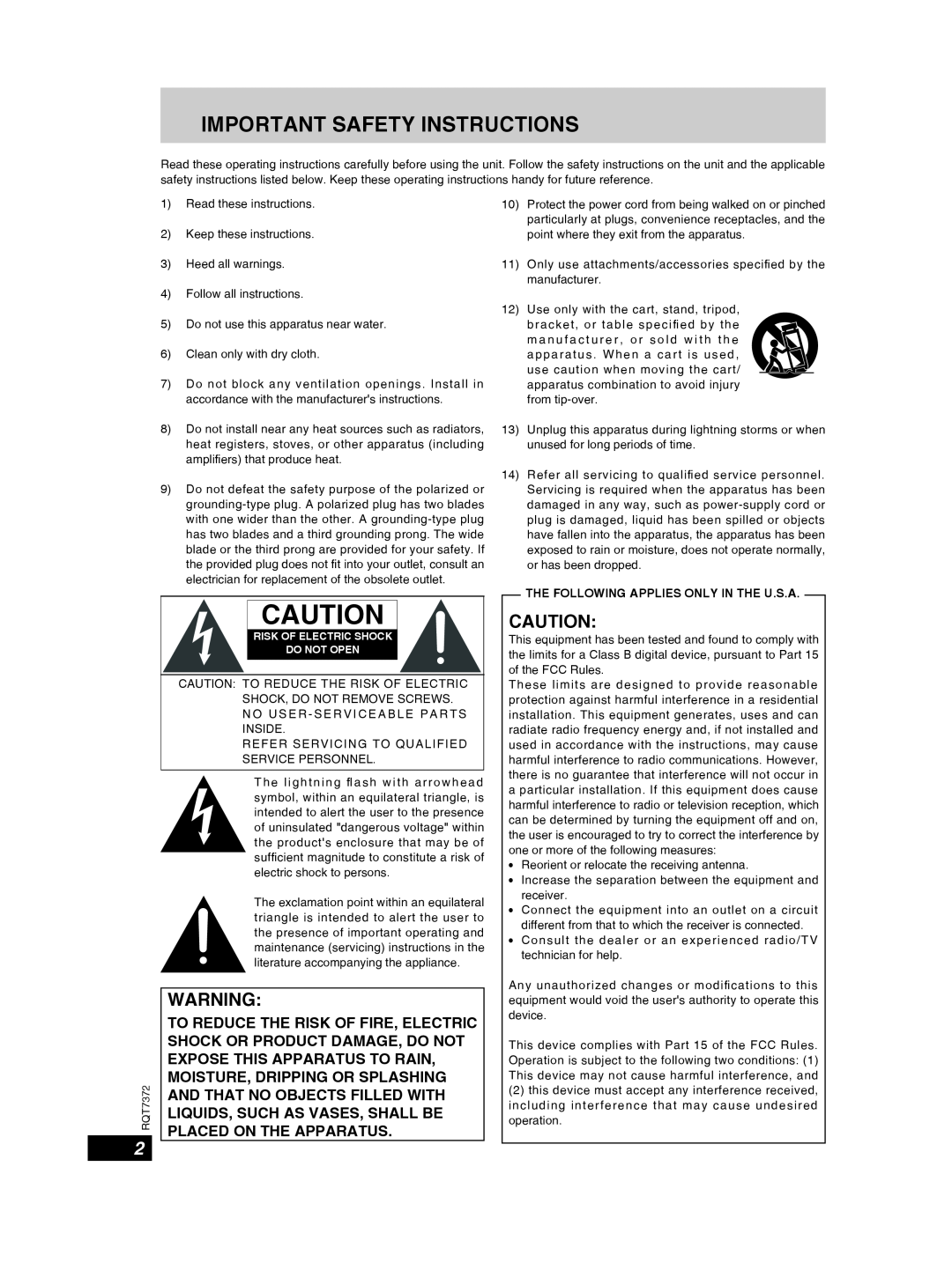 Panasonic SC-PM29 important safety instructions The Following Applies Only In The U.S.A, Important Safety Instructions 
