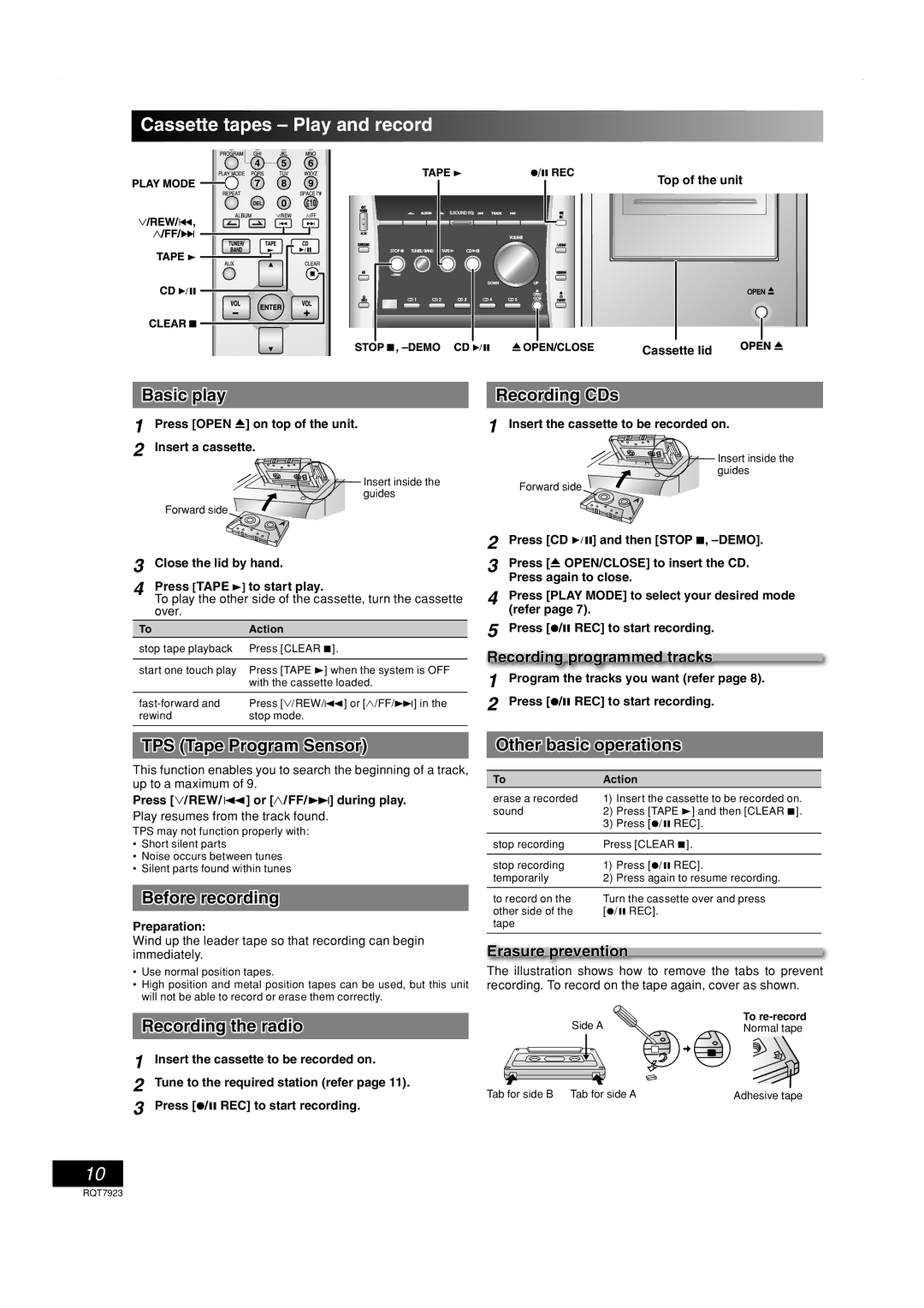 Panasonic SC-PM313 important safety instructions Cassette tapes Play and record 