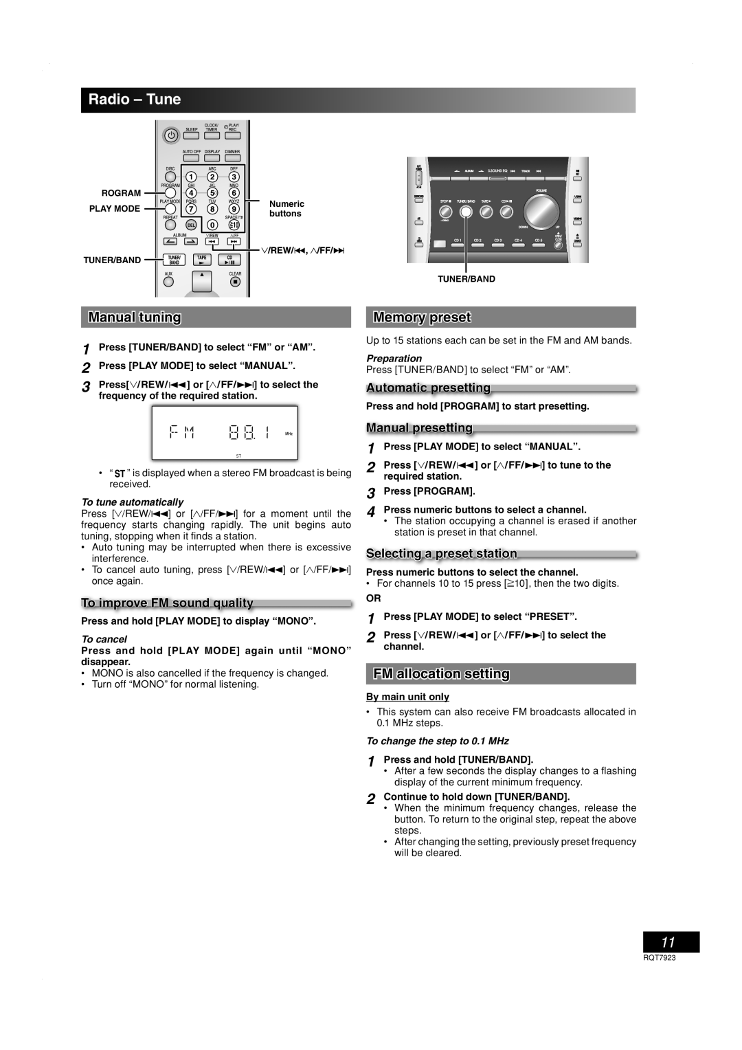 Panasonic SC-PM313 important safety instructions Radio Tune, Manual tuning, Memory preset, FM allocation setting 