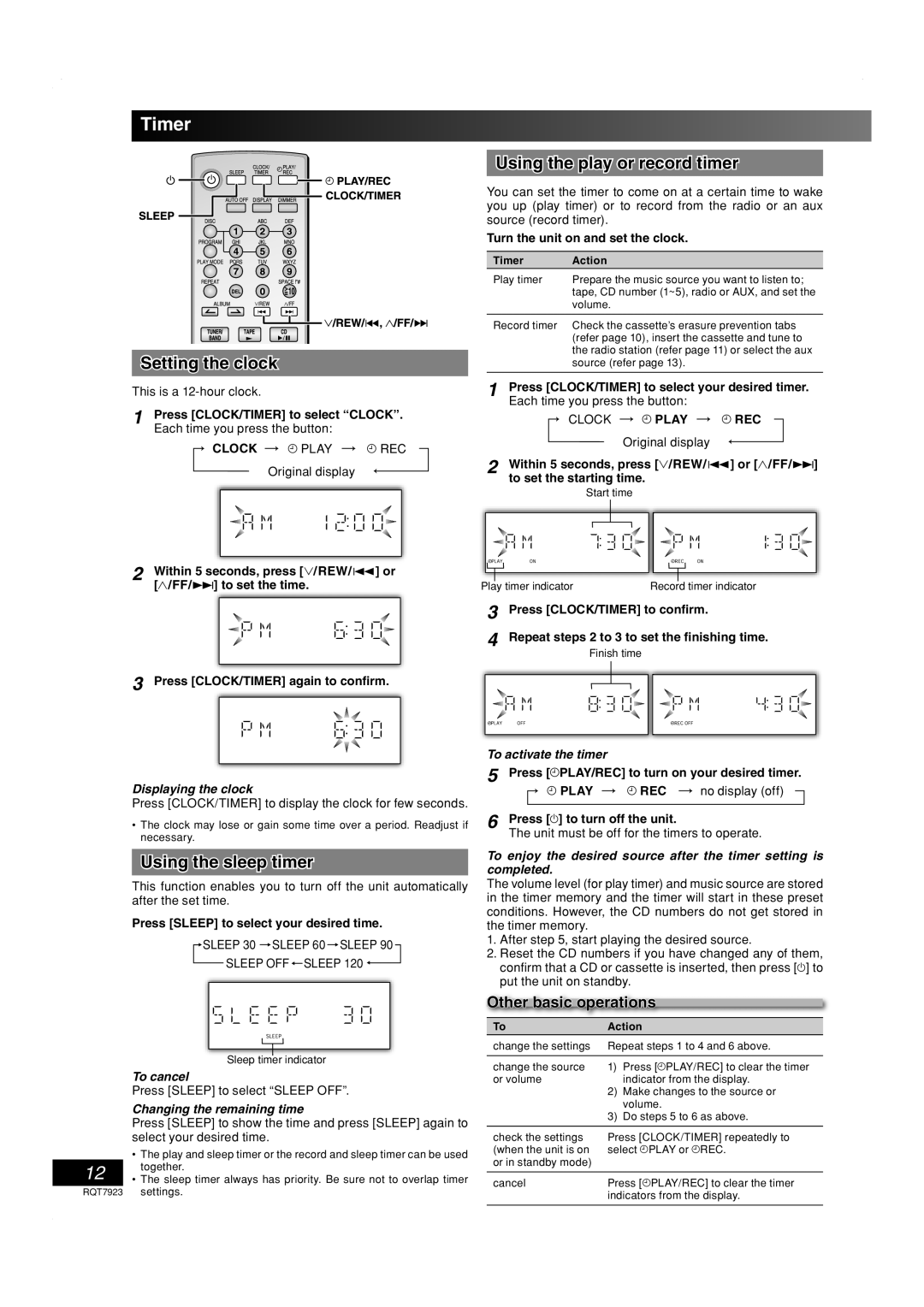 Panasonic SC-PM313 Timer, Setting the clock, Using the sleep timer, Using the play or record timer 