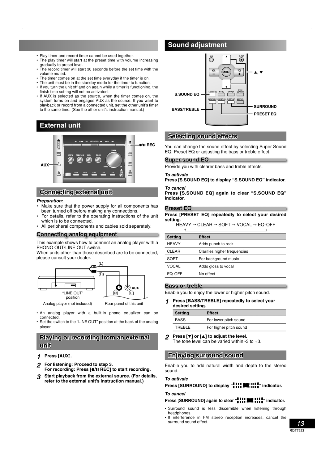 Panasonic SC-PM313 important safety instructions Sound adjustment, External unit 