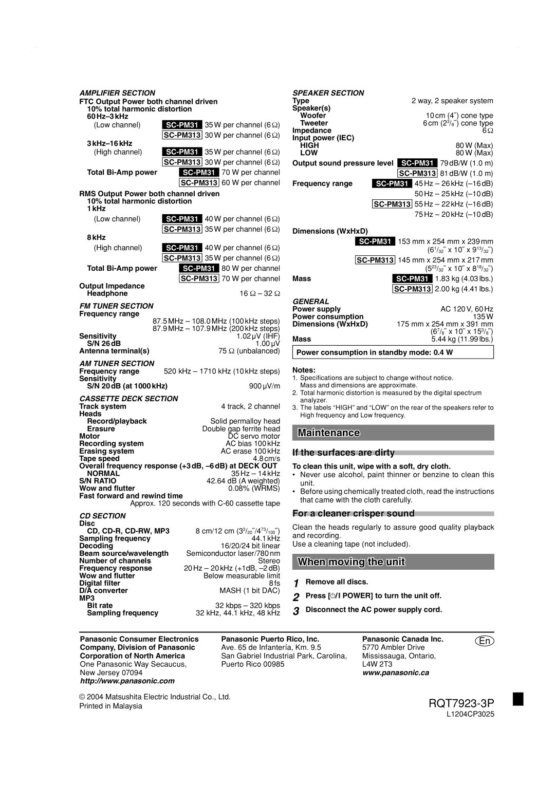 Panasonic SC-PM31 Speciﬁcations, Maintenance, When moving the unit, If the surfaces are dirty, For a cleaner crisper sound 