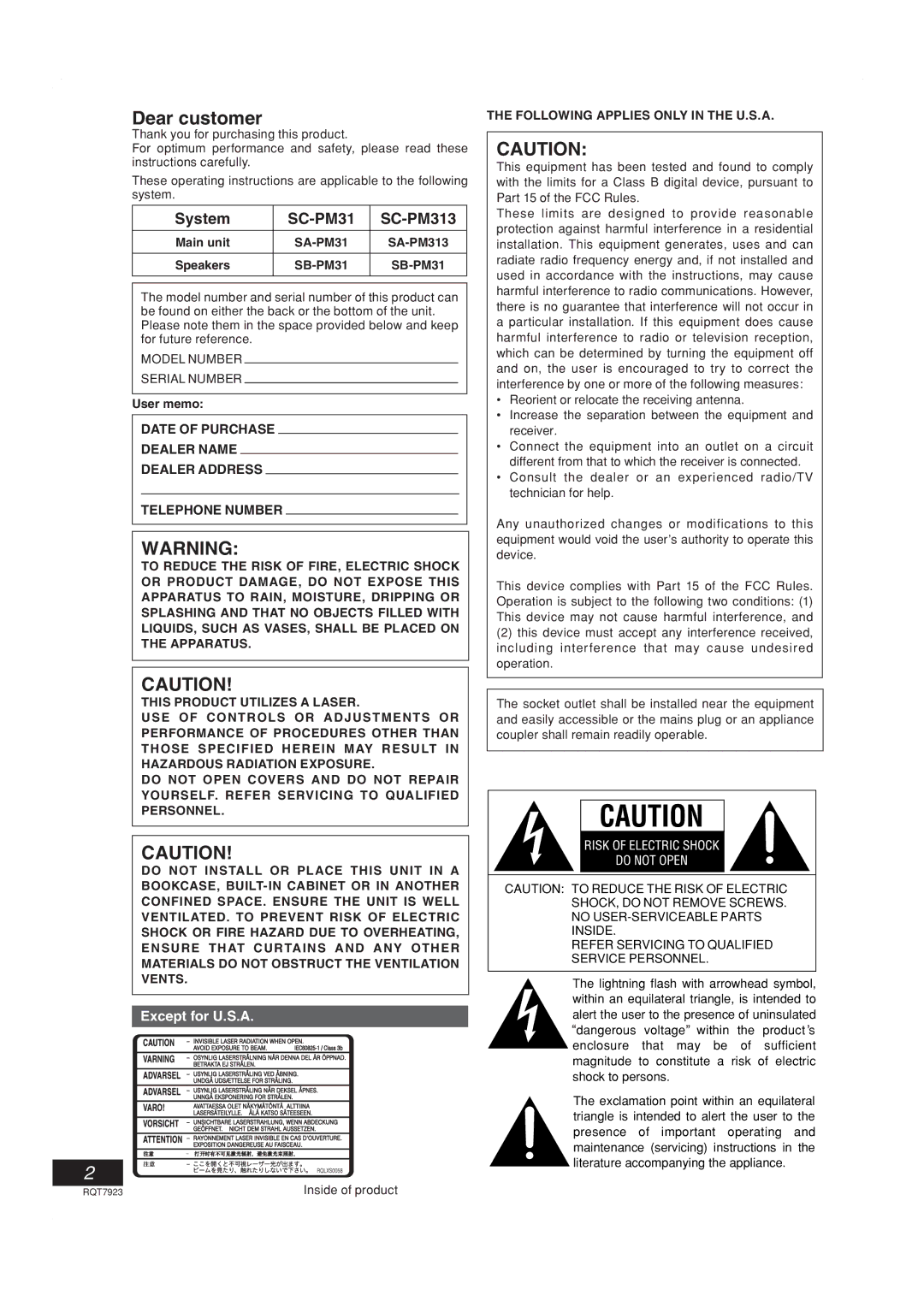 Panasonic System SC-PM31 SC-PM313, Main unit, Speakers, User memo, Following Applies only in the U.S.A 