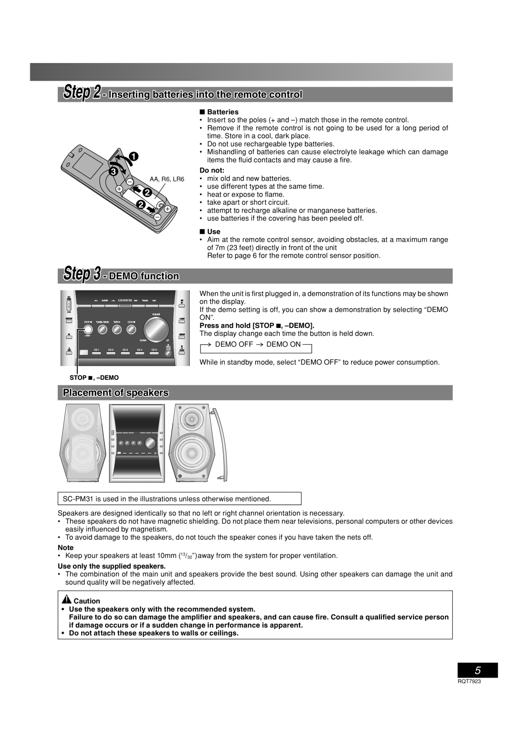 Panasonic SC-PM313 important safety instructions Inserting batteries into the remote control, Placement of speakers 