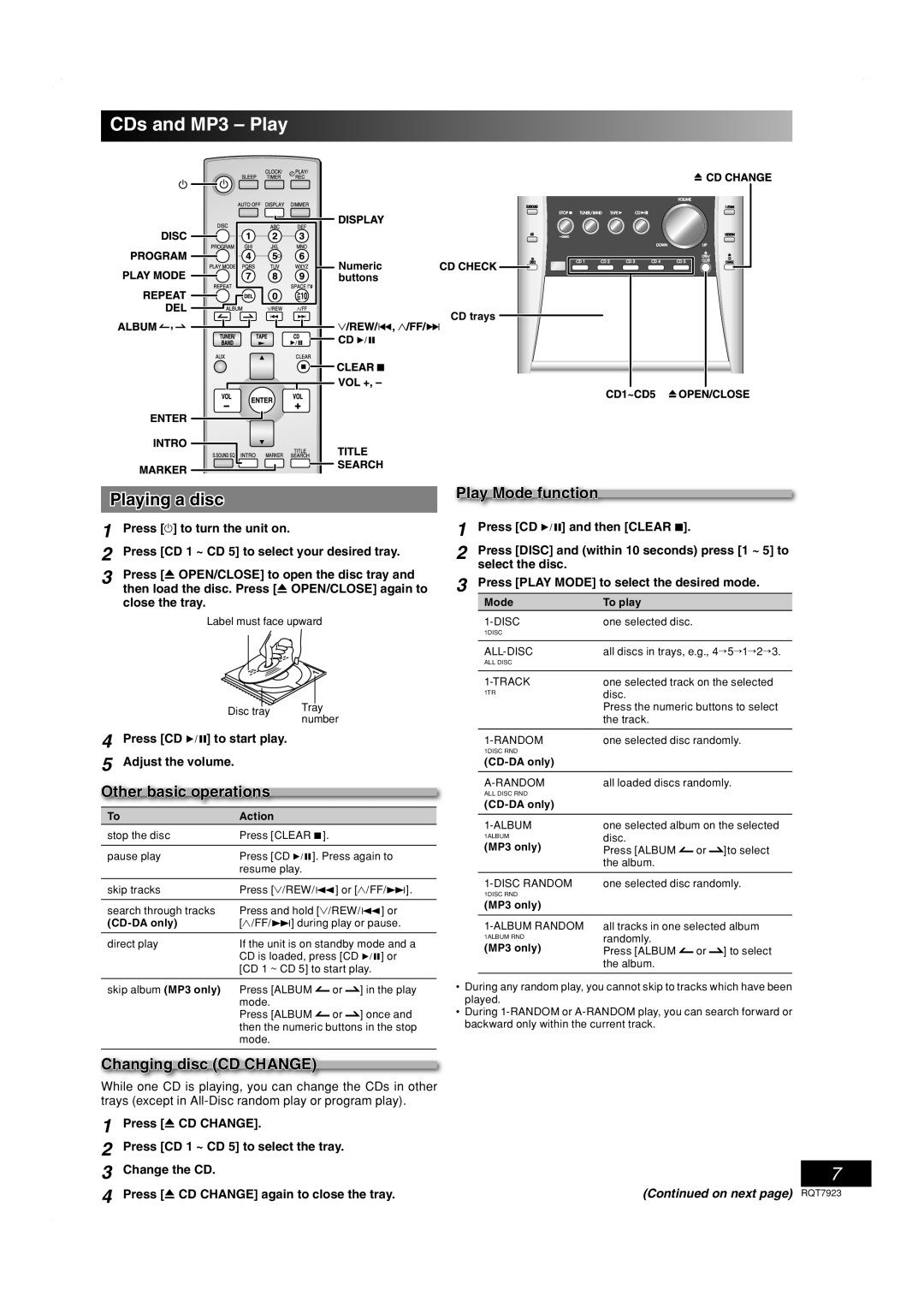 Panasonic SC-PM313 CDs and MP3 Play, Playing a disc, Other basic operations, Changing disc CD Change, Play Mode function 