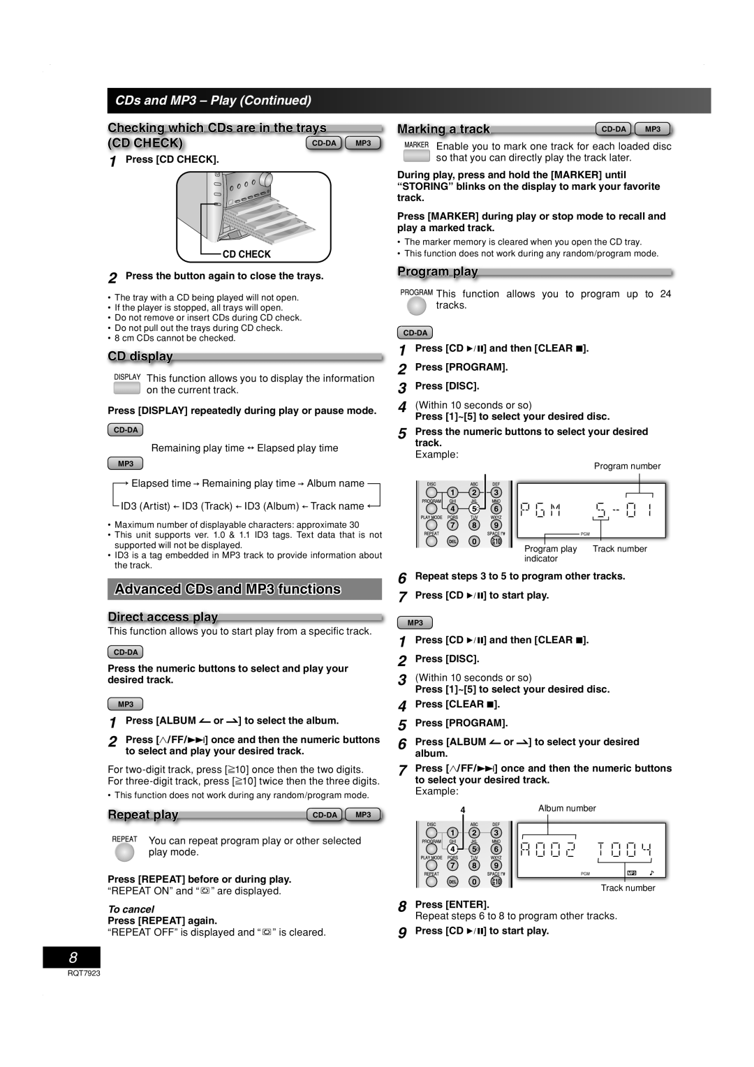 Panasonic SC-PM313 important safety instructions Advanced CDs and MP3 functions 