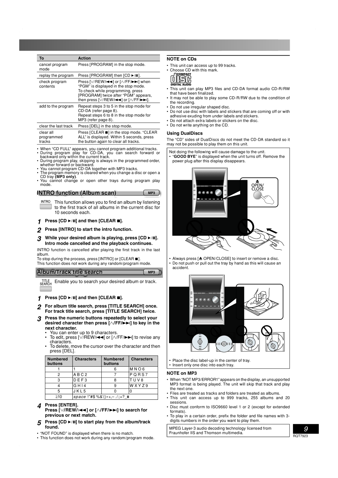 Panasonic SC-PM313 Intro function Album scan, Album/Track title search, Seconds each, Using DualDiscs 