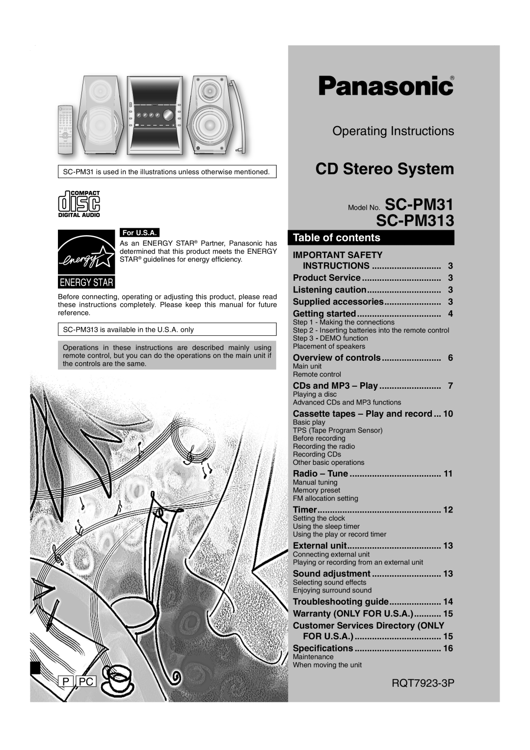 Panasonic SC-PM313 important safety instructions P Pc, Table of contents, RQT7923-3P, Important Safety, CD Stereo System 