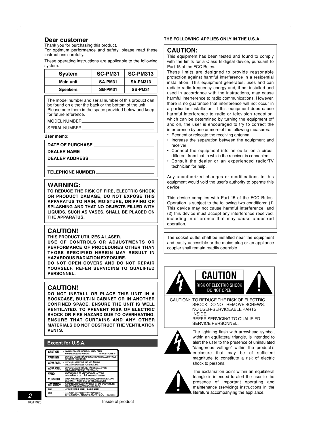 Panasonic important safety instructions System, SC-PM313, Except for U.S.A 