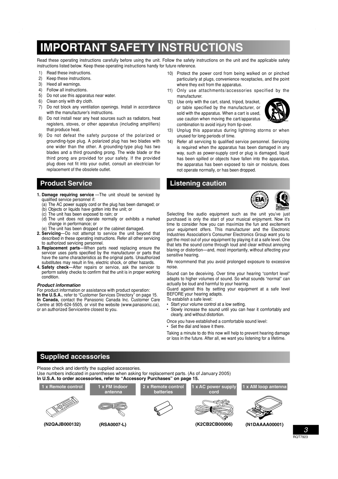 Panasonic SC-PM313 Product Service, Listening caution, Supplied accessories, Important Safety Instructions, cord 
