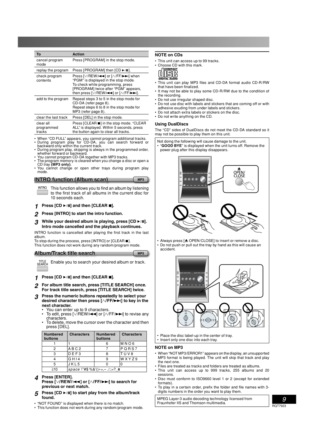 Panasonic SC-PM313 important safety instructions INTRO function Album scan, Album/Track title search 