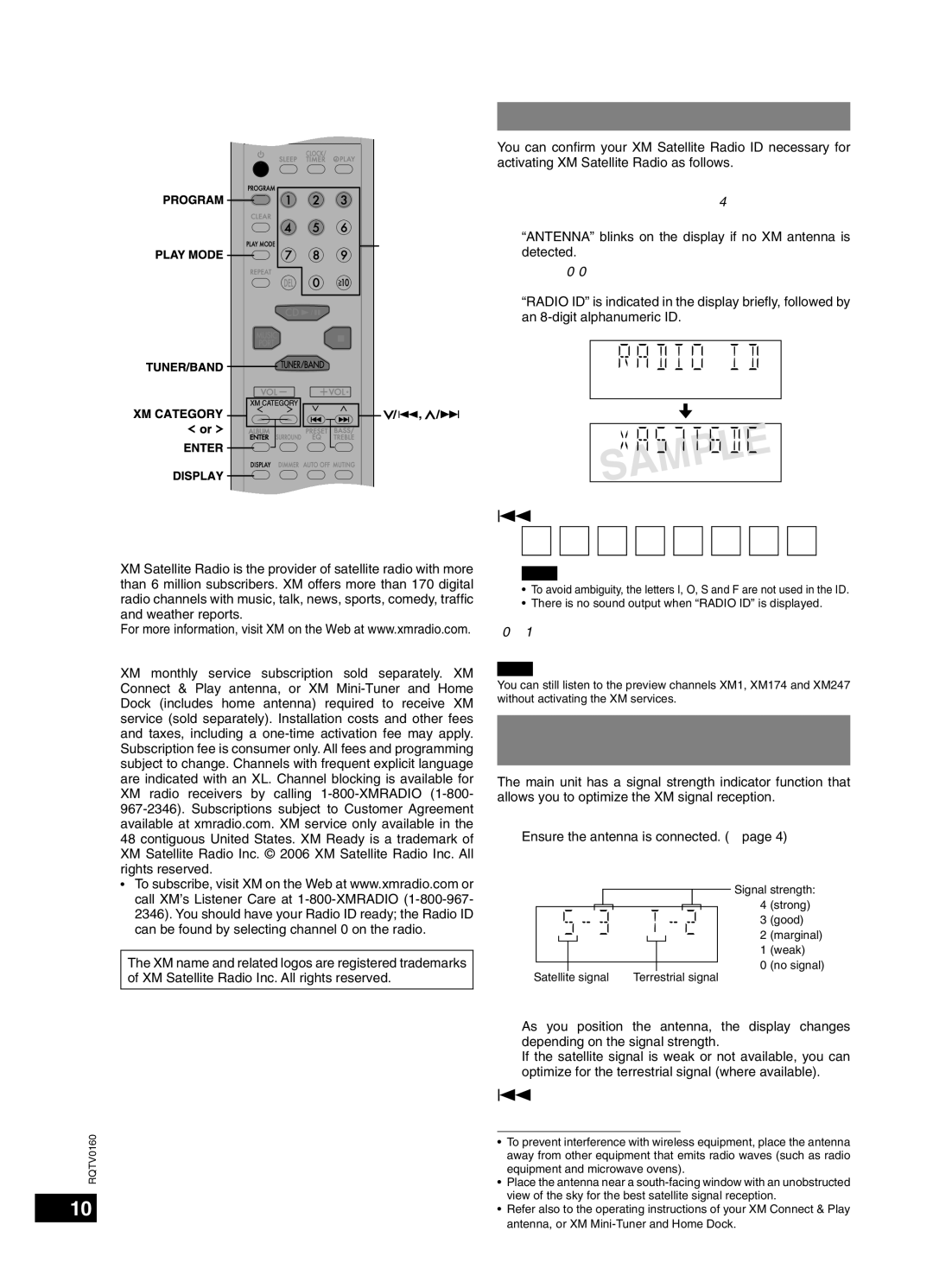 Panasonic SC-PM321 Displaying the XM Satellite Radio ID, Mini-Tuner and Home Dock for optimal reception 