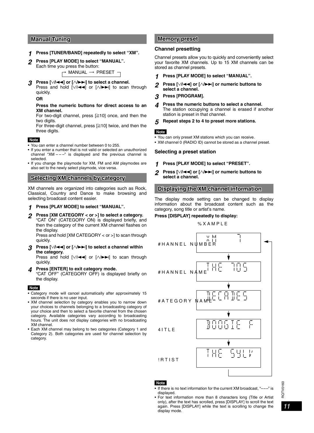 Panasonic SC-PM321 Selecting XM channels by category, Displaying the XM channel information, Channel presetting 