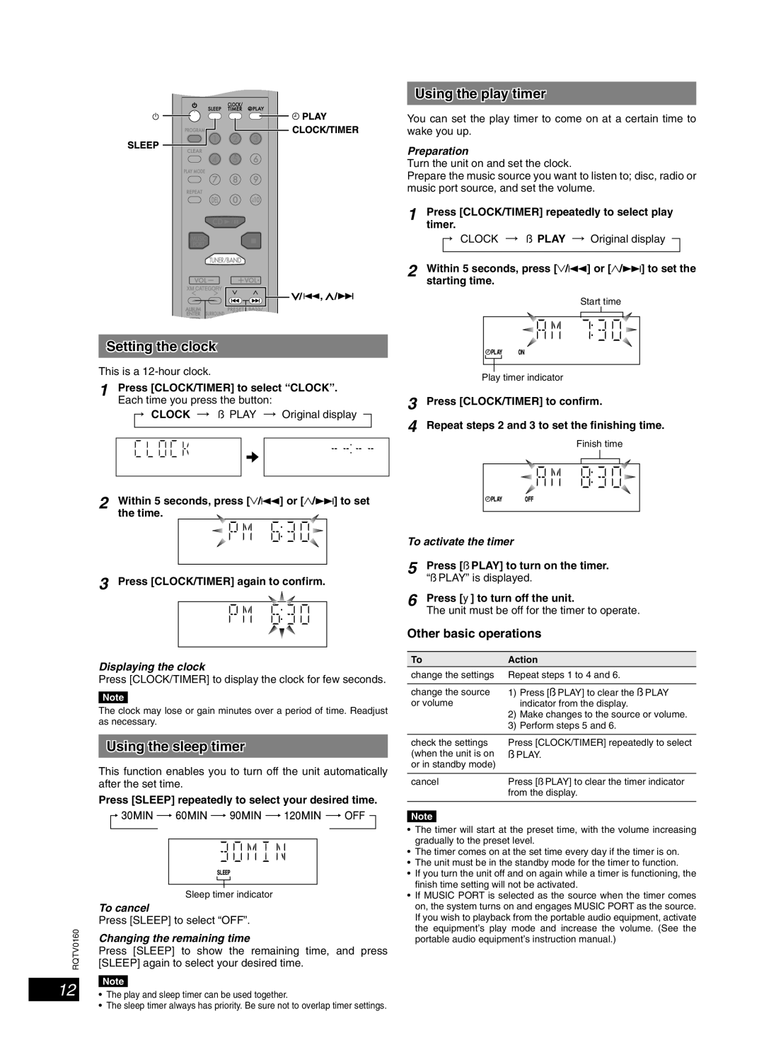 Panasonic SC-PM321 Timer, Setting the clock, Using the sleep timer, Using the play timer, Other basic operations 