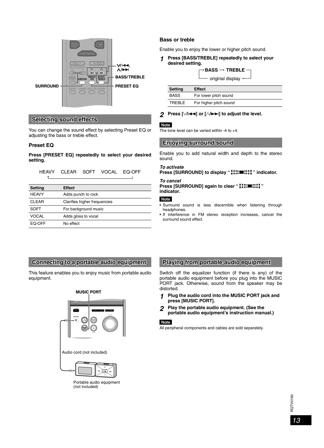 Panasonic SC-PM321 Sound adjustment, External unit, Selecting sound effects, Enjoying surround sound 