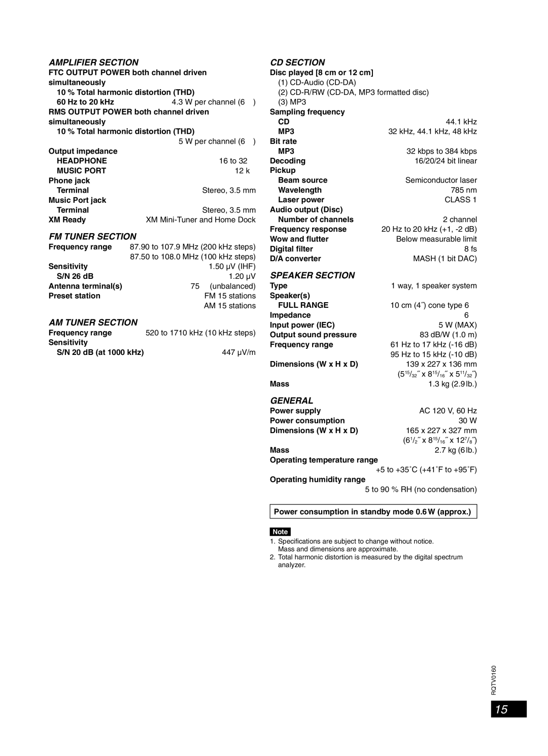 Panasonic SC-PM321 important safety instructions Speciﬁcations 