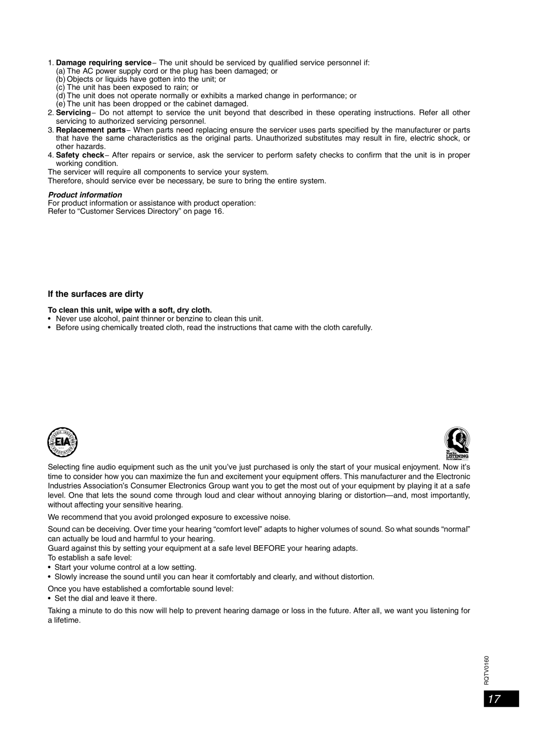 Panasonic SC-PM321 Product Service, Maintenance, Listening caution, If the surfaces are dirty, Product information 