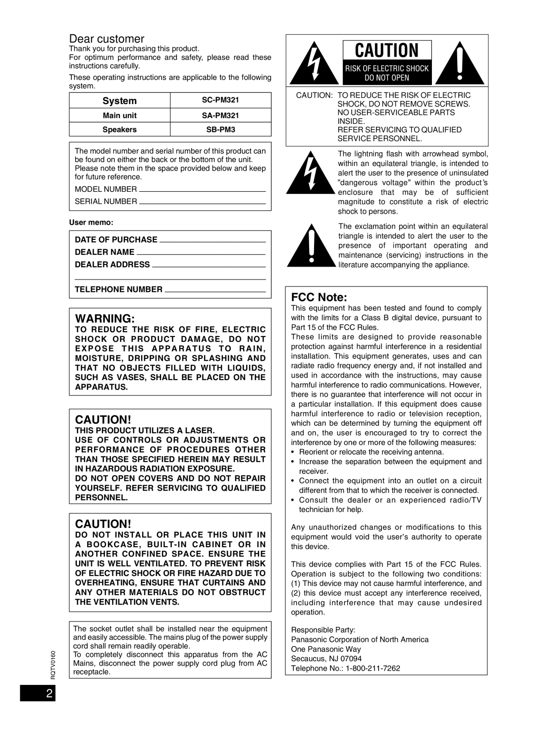 Panasonic SC-PM321 important safety instructions System, Main unit, Speakers, User memo 